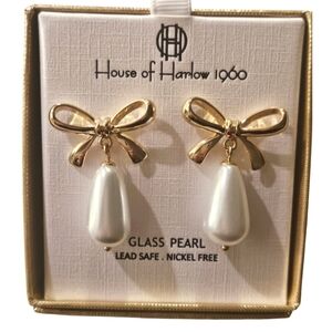 NEW! HOUSE OF HARLOW 1960 Gold Bow & Glass Pearl Post Earrings Jewelry.